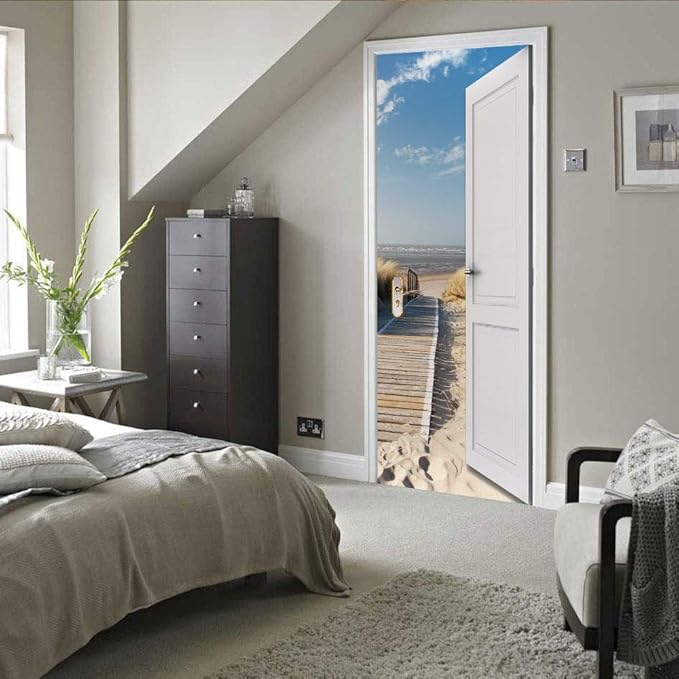3D Door Stickers Murals Peel and Stick - Outer Beach Road - Door Wallpaper Self-Adhesive Decals Removable PVC Waterproof Poster for Bedroom Living Room Decoration 30.3" x 78.7"