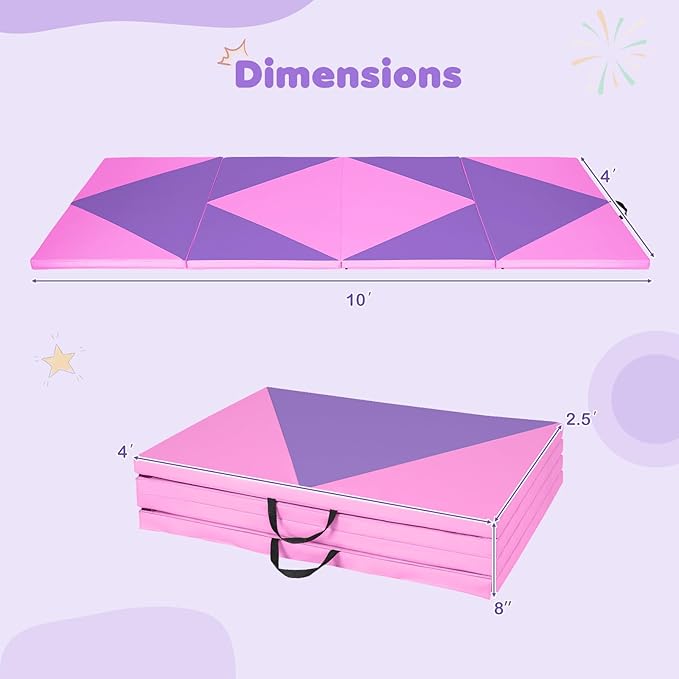 Giantex 4'x10'x 2" Gymnastics Mat, 4-Panel Folding Aerobics Exercise Mat w/Hook & Loop Fastener, Carrying Handle, Portable Tumbling Mat for Stretching Yoga Cheerleading Martial Arts