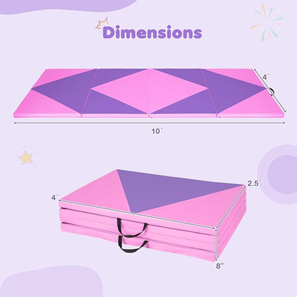 Giantex 4'x10'x 2" Gymnastics Mat, 4-Panel Folding Aerobics Exercise Mat w/Hook & Loop Fastener, Carrying Handle, Portable Tumbling Mat for Stretching Yoga Cheerleading Martial Arts