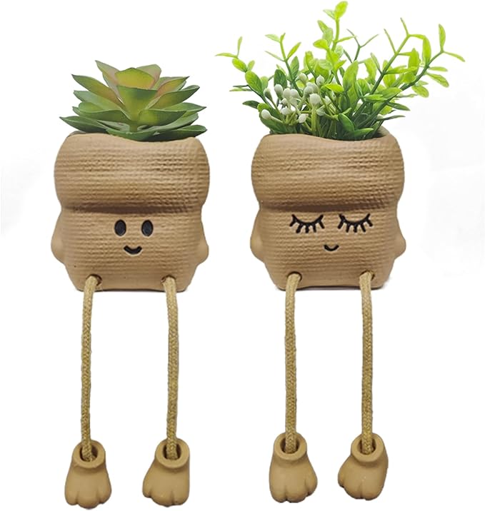 2Pcs Smiley Face Succulent Artificial Plants Planters - Cute Plant Pot Home Decor, Small Faux Plants Planter Indoor for Bathroom/Office/Kitchen Window Sill Decor, Fake Plant Ideas Gifts for Women