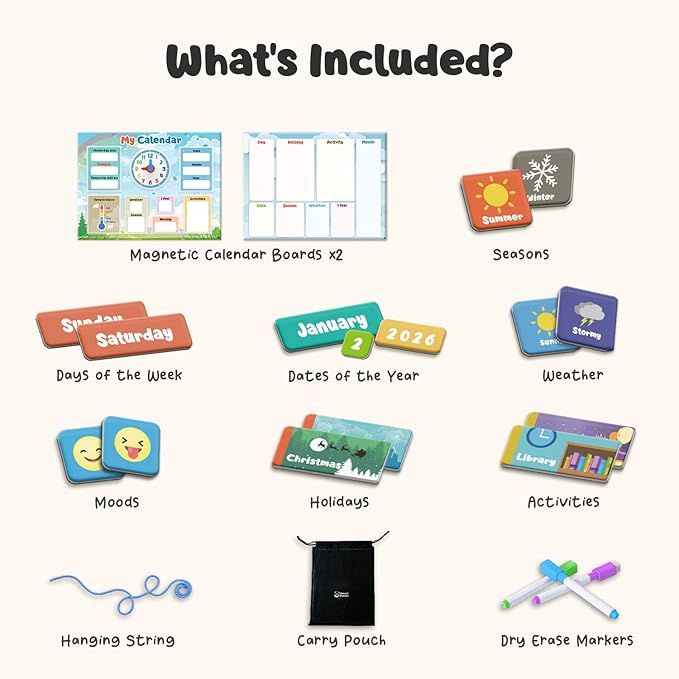 inamio Magnetic Kids Calendar for Learning - Classroom, Preschool Calendar for Kids and Toddlers - Days of The Week Chart - Today, Months and Weather