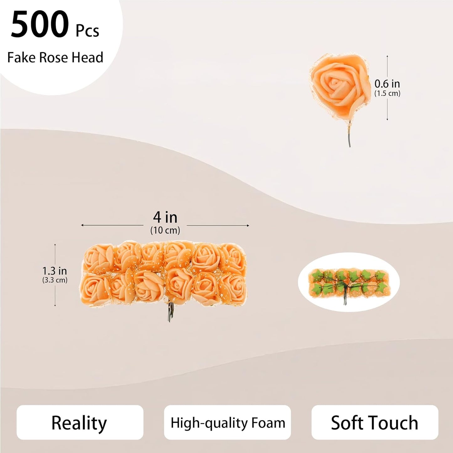 500 Pcs 0.6 Inch Mini Artificial Flowers Head Bulk 5 in 1 Set Faux Foam Fake Small Rose Tiny Baby Flores Bouquet Wreath Gift Hair Clip Home Decoration DIY Craft (Orange)