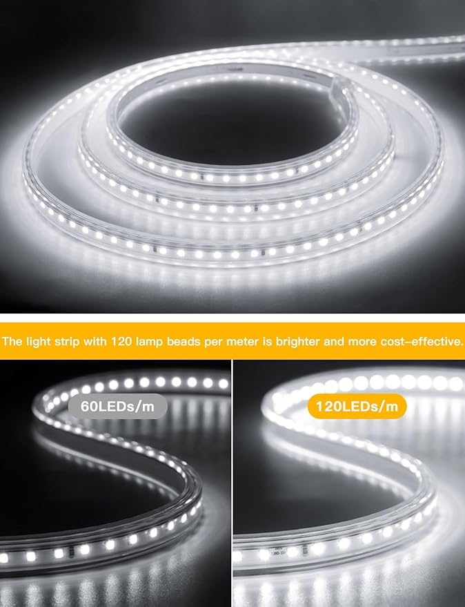 AIMENGTE LED Strip Lights, 240 LEDs, 6500K Cool White, Waterproof Indoor & Outdoor Rope Lights for Room, Garden, Patio, Kitchen, Bedroom, Living Room, and Under Cabinet Decoration, AC 110V