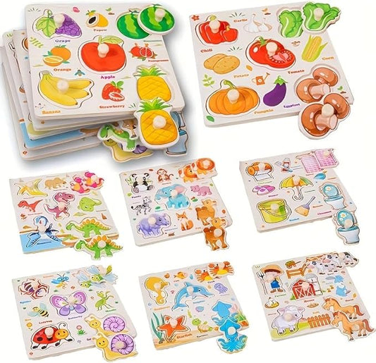 Wooden Puzzle for Toddler 1-3, 8Pcs Peg Puzzles for Toddler 2-4, Learning Puzzles Set, Wooden Puzzles Peg-Animals, Dinosaur, Fruits, Vegetable, Insect Great Preschool Gifts for Girls Boys