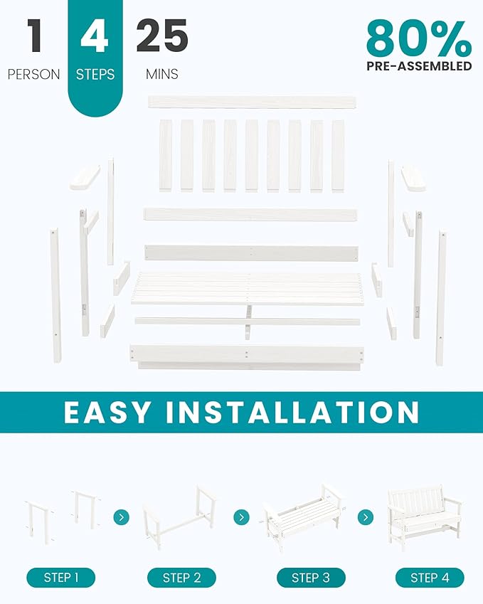SERWALL Outdoor Bench, HDPE Outdoor Benches Weatherproof, 2-Person Garden Bench with 660 lbs Weight Capacity, Patio Benches for Outdoors, Garden, Porch, Backyard and Park, White, 2 Pack