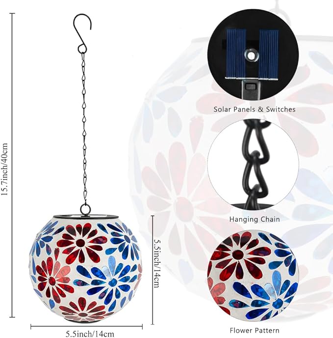 Solar Lanterns Outdoor Waterproof, Hanging Mosaic Flower Solar Lantern with Hook, Hanging Gazing Ball Globe Lantern for Garden Patio Yard Decor