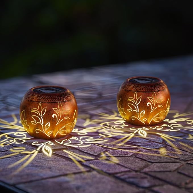 2 Pack Solar Lanterns Outdoor Waterproof, LED Hollow Out Flower Pattern Solar Lantern, Metal Decorative Solar Lanterns Outdoor for Desk Patio Garden Pathway Christmas Gifts