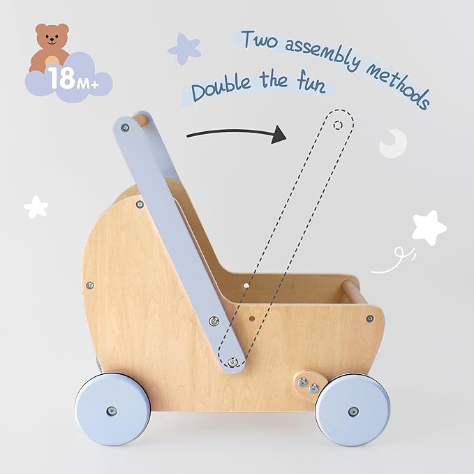 Wooden Baby Doll Pram Stroller, Baby Walker Push and Pull Doll Stroller, Wooden Toy Stroller for Toddler Boys Girls 18 Months and Up