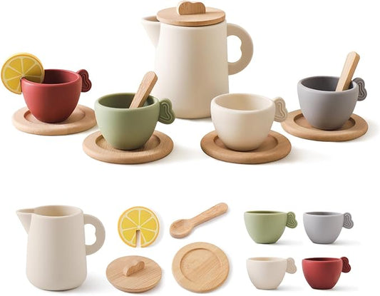 Enchanting Wooden Tea Party Set - Silicone Teapot, Cups & Carrying Scoop - Perfect for Little Girls' Tea Party & Kitchen Play - Toddler Gift
