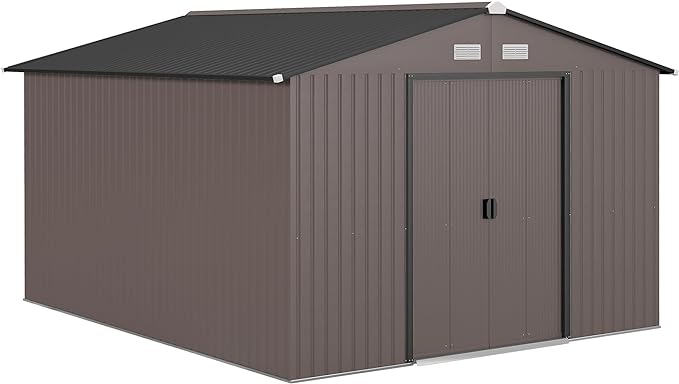 Outsunny 11' x 9' Outdoor Storage Shed, Garden Tool Metal Shed with Foundation Kit, Double Lockable Door, Air Vents and Sloping Roof, for Backyard, Patio, Lawn, Brown