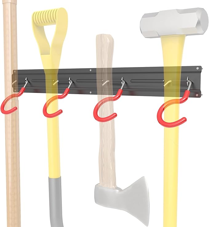 TORACK Metal Wall-Mounted Garden Tool Organizer for Garage, Mop and Broom Holder, Yard Tool Storage Rack for Rakes, Shovels, Mops, Brooms (4 Rails, 16 Hooks)