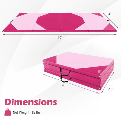 Giantex 4'x10'x 2" Gymnastics Mat, 4-Panel Folding Aerobics Exercise Mat w/Hook & Loop Fastener, Carrying Handle, Portable Tumbling Mat for Stretching Yoga Cheerleading Martial Arts