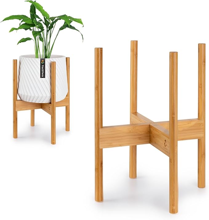 Fox & Fern Bamboo Plant Stand — 10 Inch Fixed Size Mid Century Plant Stand for Indoor Planters; Raised Flower Pot Holder for Indoors; Plug In Design; Two Height Options; Easy to Assemble - Bamboo