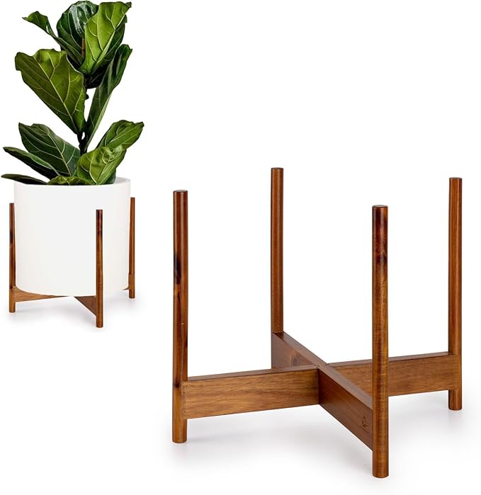 Fox & Fern Mid Century Plant Stand — 14.9 Inch Fixed Size Wooden Plant Stand for Indoor Planters; Extra Large Flower Pot Holder for Indoor Big Pots; Plug In Design; Two Height Options - Acacia