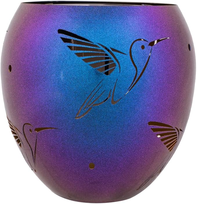 VEWOGARDEN Solar Lanterns Outdoor Waterproof Hummingbird Hollowed-Out Metal Lantern Solar Lights with Flickering Flame for Patio Porch Table, Purple