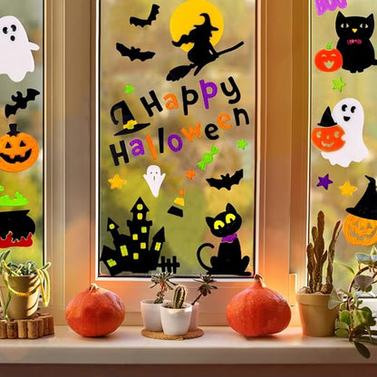 XIMISHOP 6sheet Halloween Gel Window Clings, Pumpkin Ghost Witch Gel Window Stickers Decoration Decals for Halloween Window Decor