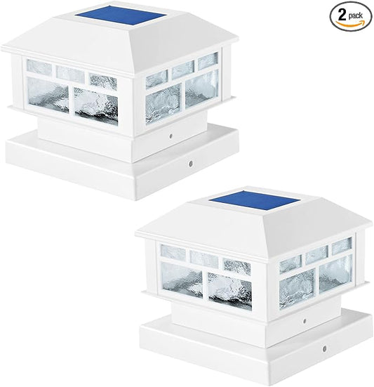 Solar Post Lights Outdoor, 20LM Fence Post Cap Lights, Waterproof, 2 Light Modes, Fit 3.5x3.5in 4x4in 5x5in Wooden Post, Solar Power Deck Lights for Garden Deck Patio Decoration(White 2Pack)