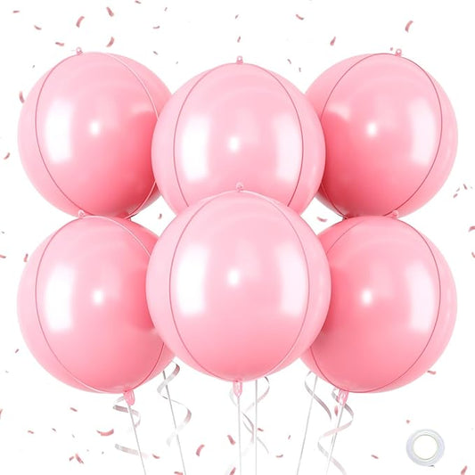 Giant 4D Foil Balloons, 6Pcs Large Metallic Pastel Pink Round Balloons, 22 Inch Big Round Foil Balloon for Pink Birthday Party Baby Shower Wedding Decorations