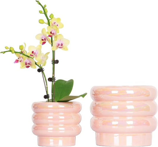 7.8 Inch + 5.7 inch 2 pcs Ceramic Plant Pots for Indoor Plants, Rainbow Pearl Glaze Planter with Planters for Plants with Drainage Hole, Orchid Pots, Succulent Pot, Flower Pot (Pink)