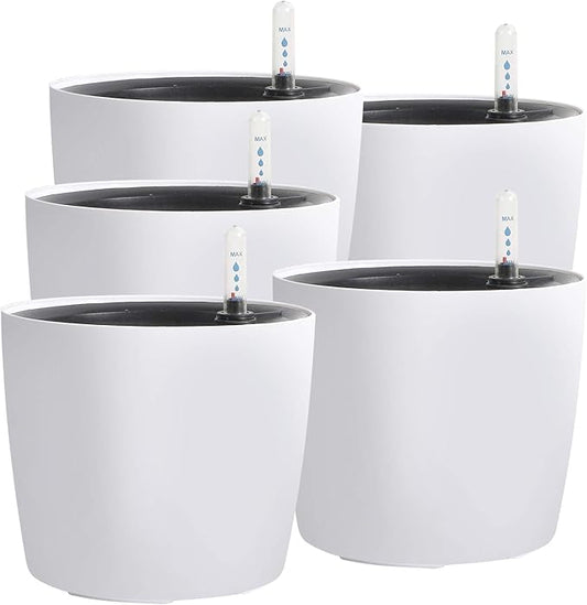 KINJOEK 5 Packs 7 Inch Self Watering Pot with Water Level Indicator, Modern Garden Decorative White Flower Pot, Flowers, African Violets, Succulents, White