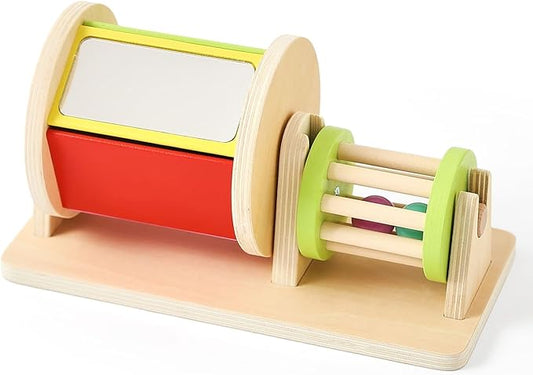 2-in-1 Montessori Baby Toys | Wooden Spinning Drum & Rolling Rattle Combo for 3 6 12 Months | Sensory Development Toys with Mirror, Bells & Tummy Time Play | ASTM Certified Gift (Girl/Boy)