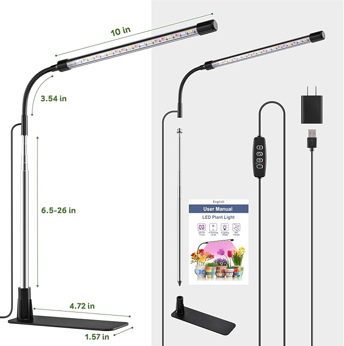 Grow Light, LED Plant Light for Indoor Plant Growing, Full Spectrum Desk Grow Lamp with Base,10 Dimmable Levels, Plant Lamp with Automatic Timer for 3/9/12H, Height Adjustable 6.5"-26"(2 Pack)