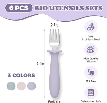 6 PCS Toddler Forks Set - Baby Forks with Silicone Handle Children Food Grade 18/8 Stainless Steel Toddler Utensils Set for Self Feeding Kids Silverware Set Safe Anti-Choke Design Dishwasher Safe