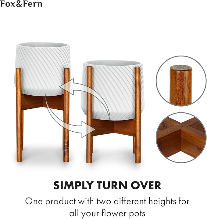 Fox & Fern Mid Century Plant Stand — 8 Inch Fixed Size Wooden Plant Stand for Indoor Planters; Raised Flower Pot Holder for Indoors; Plug In Design; Two Height Options; Easy to Assemble - Acacia