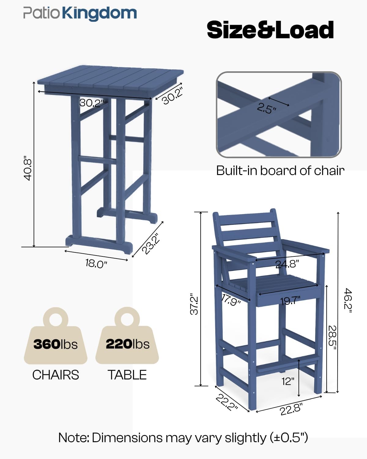 3-Piece Outdoor Bar Set with Beige 11FT Cantilever Umbrella, HDPE Tall Balcony Adirondack Chairs and Table, Outdoor Bar Stools for Patio (Navy Blue)