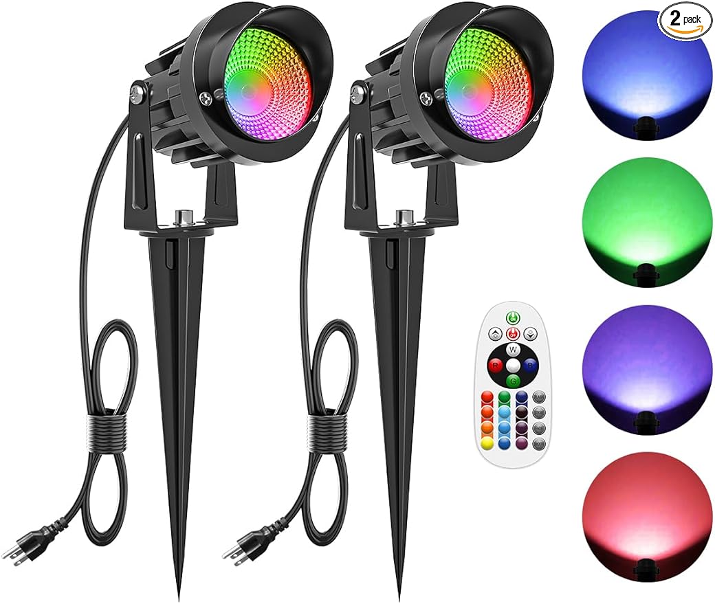 ZUCKEO 15W Christmas Spotlights Outdoor Spot Lights RGB Color Changing Landscape Lights, 120V Waterproof LED Spotlight with Remote & Plug for Yard Garden Path House Halloween Decorations (2Pack)