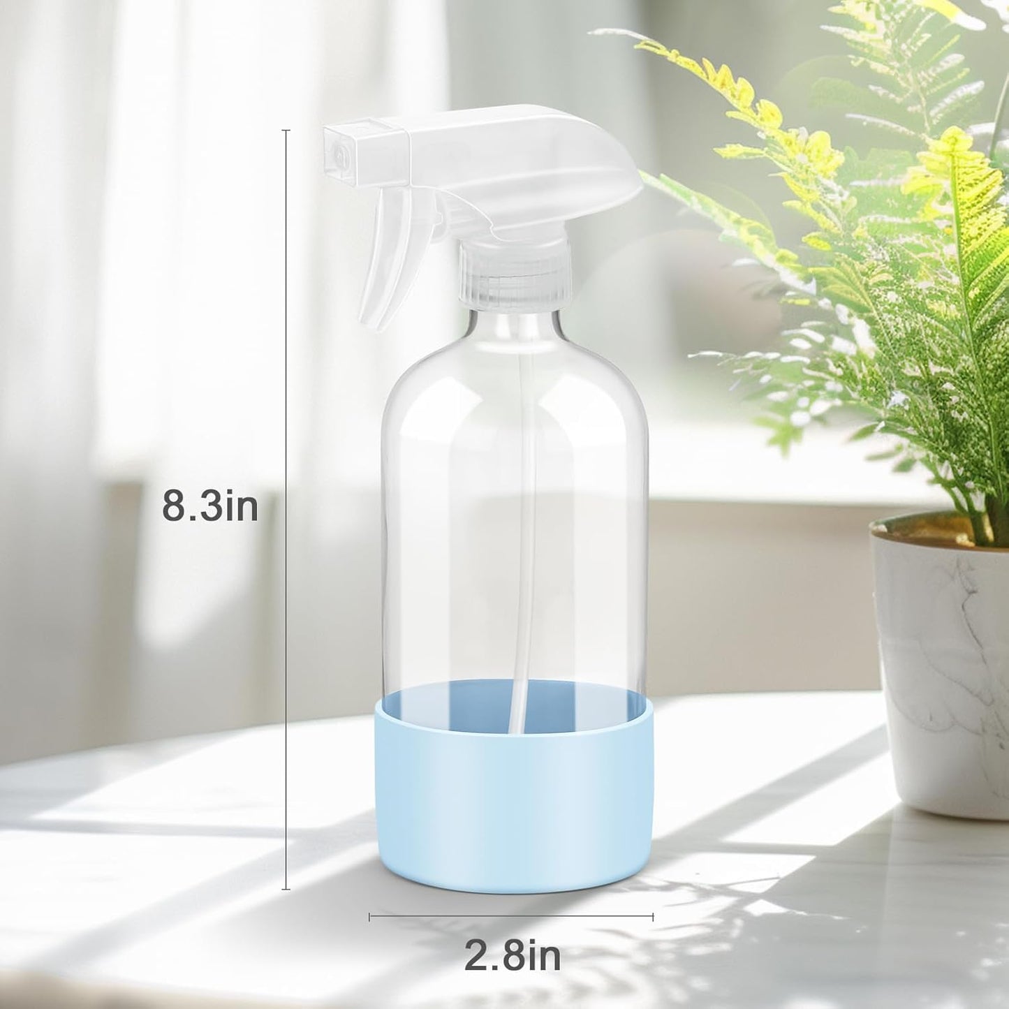 2 Pack Glass Spray Bottles with Silicone Sleeve, 16 oz Empty Refillable Containers with Adjustable Spray Nozzles, Spray Bottles for Hair, Cleaning Solutions and Plants Blue&Grey
