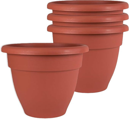 The HC Companies Caribbean Planter Pot - Outdoor & Indoor Plant Pot with Drainage Hole & Plug - Rolled Rim Plastic Pots for Plants & Flowers - Decorative Plant Pot (8" Clay, Pack of 4)