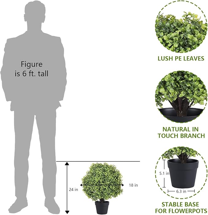 THE BLOOM TIMES 2ft Boxwood Topiary Ball Trees Artificial Outdoor Set of 2, 24" Faux Evergreen Plants Outside UV Resistant Greenery, Fake Potted Bushes and Shrubs for Front Porch Planter Patio Decor