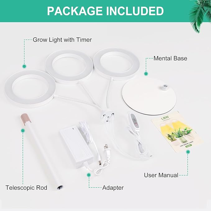 LBW Halo Plant Grow Light, Tri-Head Desk Grow Light for Indoor Growth, 72x3 LEDs Full Spectrum Grow Lamp with 4/8/12H Auto Timer, 4 Brightness Levels, Height Adjustable, Ideal for Indoor Plants, White