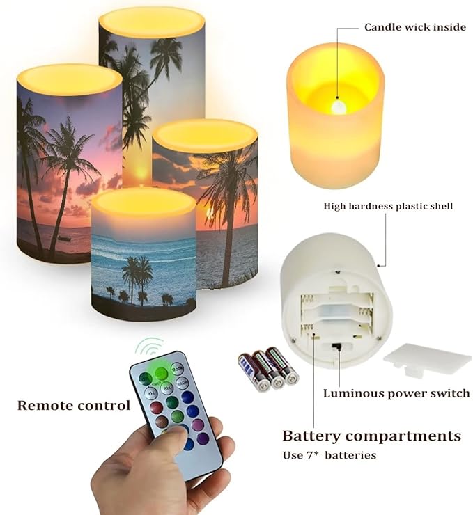 Flameless Light Candles for Home Decor, Battery Operated Candles with Color Changing Timer Remote Control 3'' 4'' 5'' 6'' Fake Pillar Candles Tealights, Coconut Tree Various