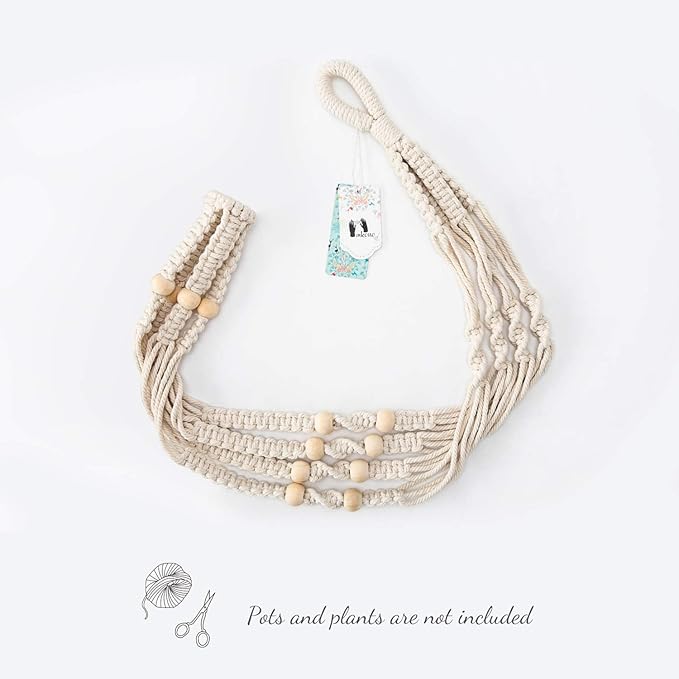 Mkono Macrame Plant Hanger Indoor Hanging Planter Basket with Wood Beads Decorative Flower Pot Holder No Tassels for Indoor Outdoor Boho Home Decor 35 Inch, Ivory, Set of 1 (POTS NOT Included)