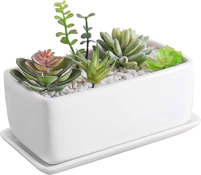 MyGift 14 Inch Modern Unglazed White Ceramic Indoor Plant Pot with Drainage Hole, Rectangular Succulent Planter Window Box with Removable Saucer, White (10 inch - 1 Pack)