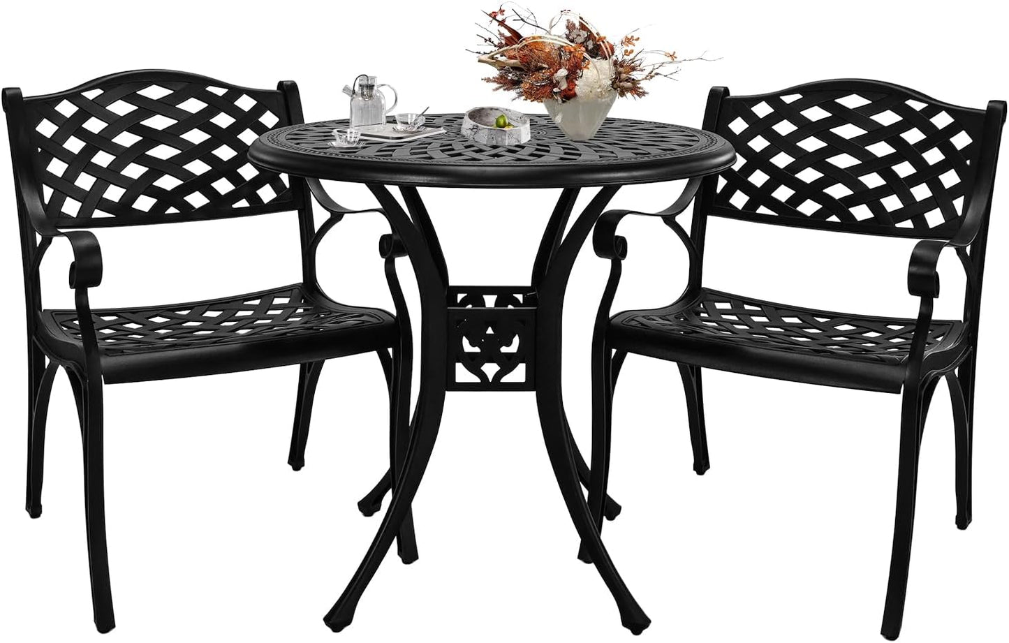 Outdoor Patio Table and Chairs Patio Dining Furniture Set Cast Aluminum Outdoor Table Set Bistro Chairs for Garden (Black, 3 Piece Round Table Set)