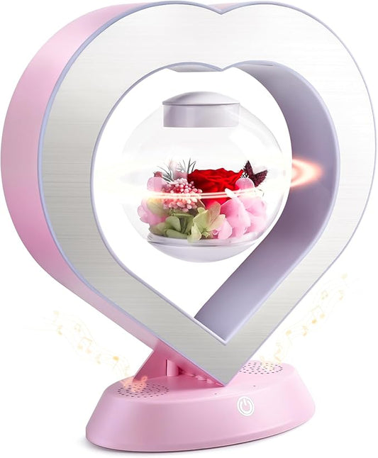 LoveLin Heart Preserved Rose Flowers with Bluetooth Speakers, 5W Pink Magnetic Levitation Table Lamp with Variable Color LED Light, Unique Forever Flower Gift for Women, Girls, Mother and Grandma