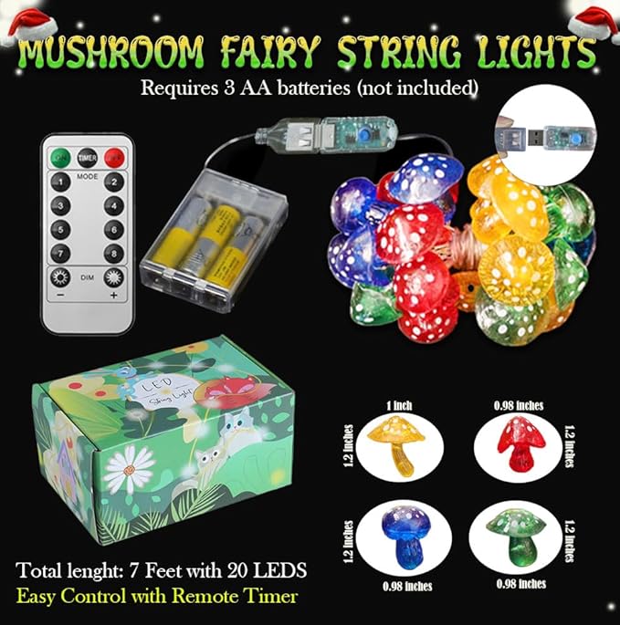 Mushroom String Lights Mushroom Lamp Fairy Décor-USB Plug in or Battery Operated 7ft 20 LED Decorative Fairy Lights-Mushroom String Lights for Bedroom Living Room Decor