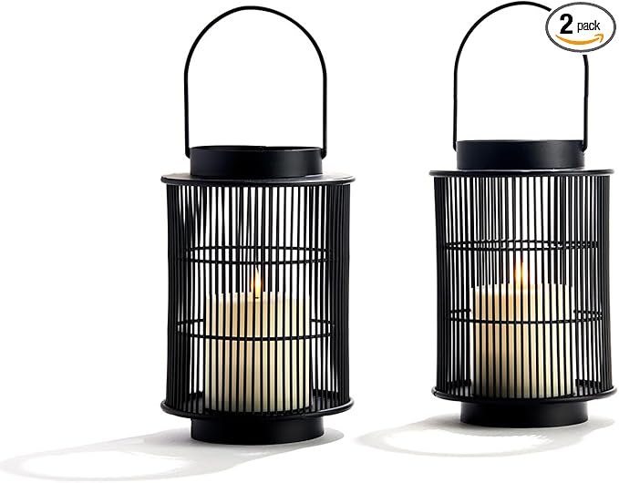 LampLust Outdoor Lantern Decorative Outdoor Patio Decor, Set of 2, 8 Inch Candle Lanterns, Black Metal, Outdoor Lanterns for Patio Waterproof, Battery Included, Modern Farmhouse Front Porch Décor