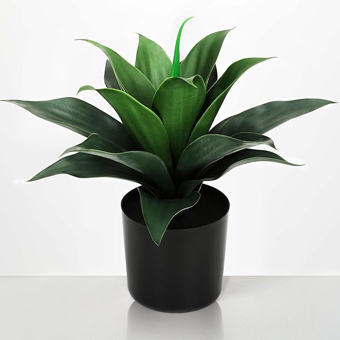 JUSTOYOU 14" Large Artificial Succulent Faux Agave Plant in Pot, Fake Potted Desk Plant Realistic Greenery Artificial Plants for Indoor Office Home Decor Bathroom Kitchen Shelf (Dark Green)
