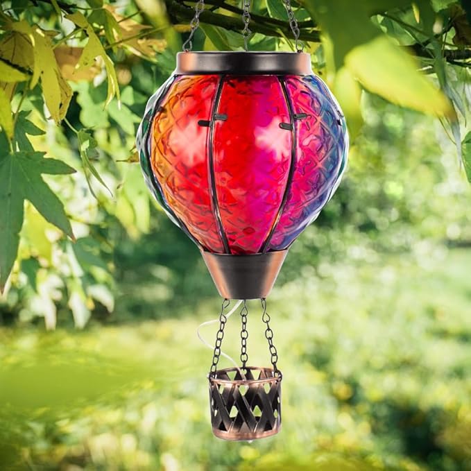 Hot Air Balloon Solar Lantern with Flame Flickering Light LED Glass Hanging Solar Lanterns Outdoor Waterproof Garden Light for Patio Tree Porch Yard Decor Mother’s Day Gift for Women Mom