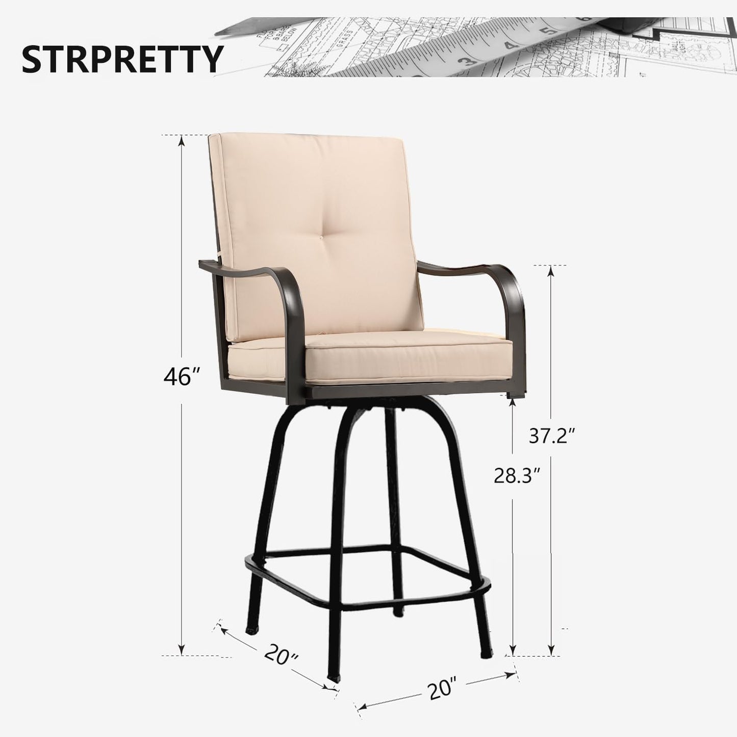 Patio Swivel Bar Stools Set of 4, Outdoor Bar Height Patio Swivel Chairs with Cushion for Garden Balcony Backyard (Beige)