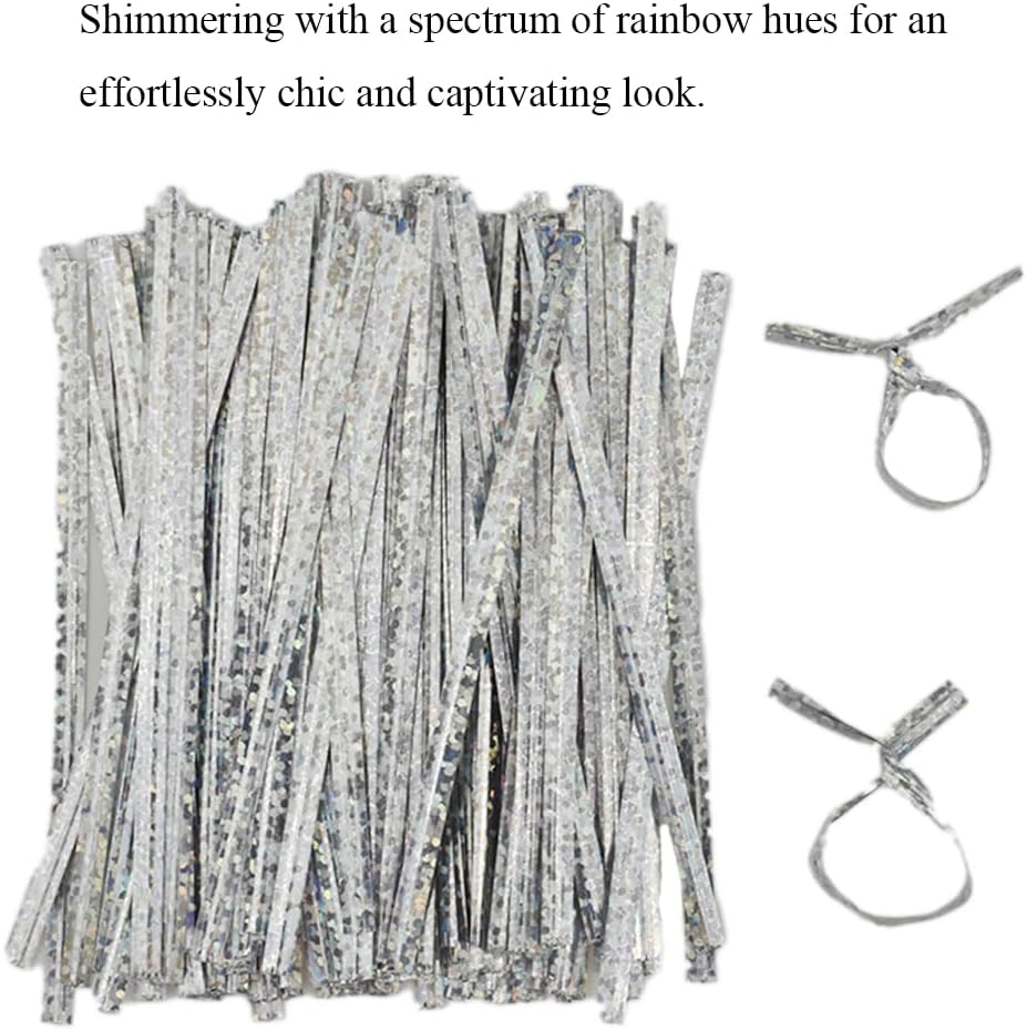 HAHIYO 300Pcs 4inches Holographic Silver Metal Twist Ties Bread Candy Coffee Bag Ties Plant Garden Twist Ties for Cellophane Treat Bags Gift Wraping Bags Plastic Bags Party Cake Present Art Crafts