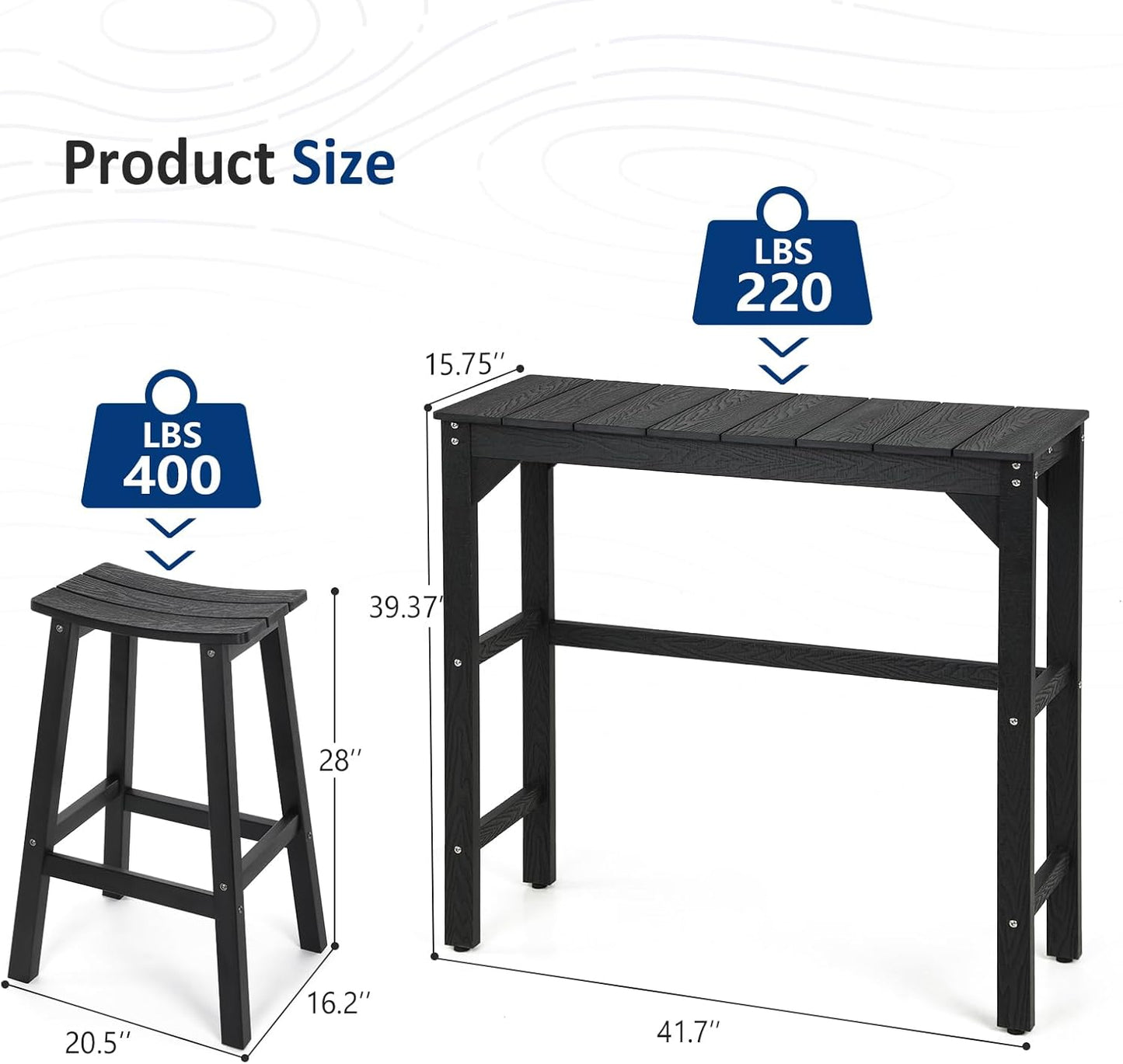 3 Piece Outdoor Bar Set, 42" Rectangular Pub Height High Top Bar Table & 2 Outdoor Bar Stools for Patio, Garden, Poolside and Bistro, Weatherproof, Black