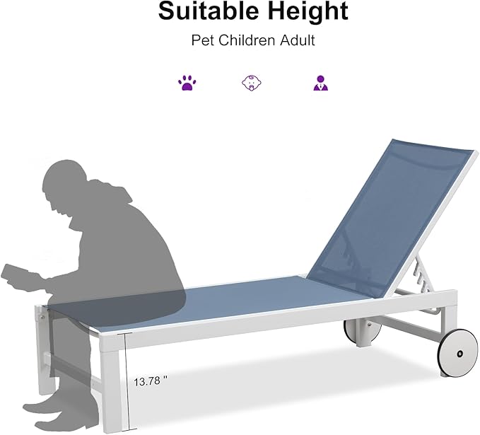 PURPLE LEAF Outdoor Chaise Lounge Set of 4 White Aluminum Lounge Chair Outdoor with Wheels Five-Position Adjustable Patio Lounge Chair for Pool Deck Yard, Indigo