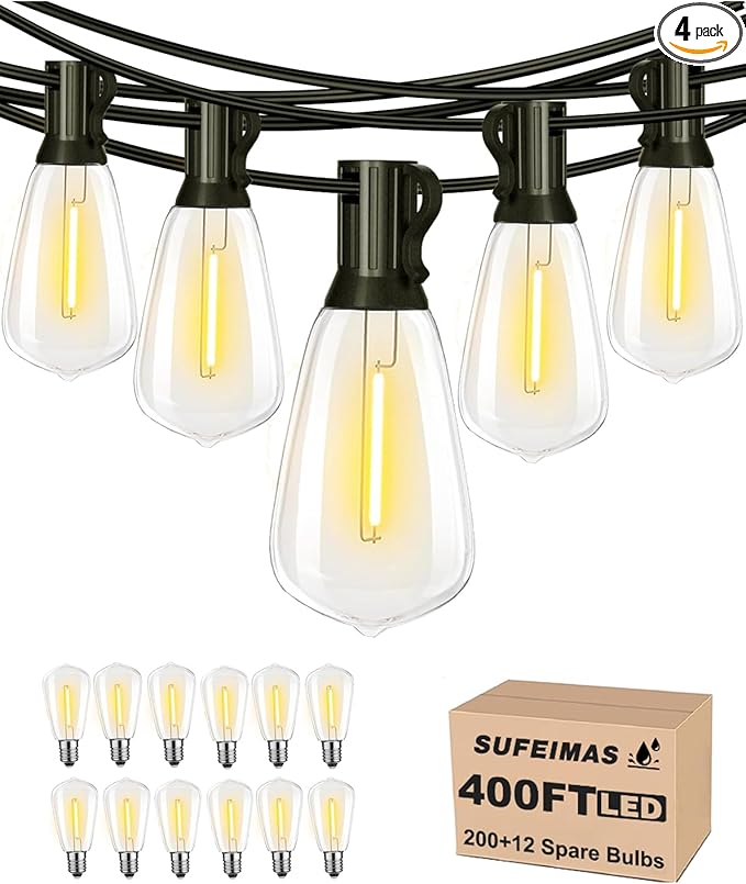 SUFEIMAS Outdoor String Lights Waterproof 400FT (100ft*4) shatterproof Patio Lights for Outside with 212 Vintage dimmable LED Edison Bulbs,Backyard Lights for Fence Garden,Balcony Porch Party Bistro