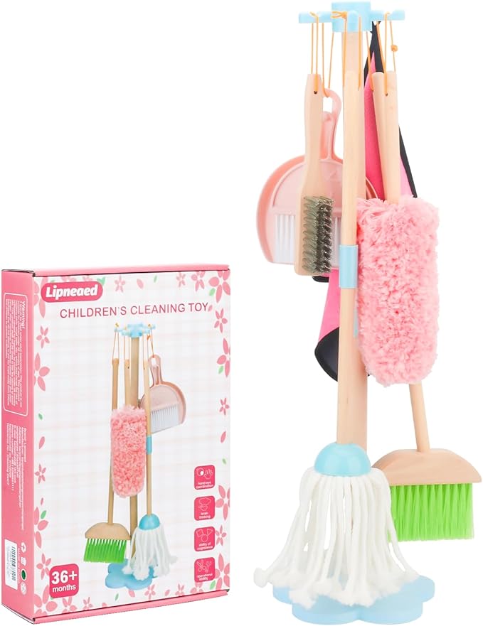 Kids Cleaning Set, Wooden Toddler Broom Set for Housekeeping, 7 Pieces Montessori Cleaning Toys with Kids Broom and Mop Set, Housework Pretend Play Toy Gift for Boys Girls Ages 3+