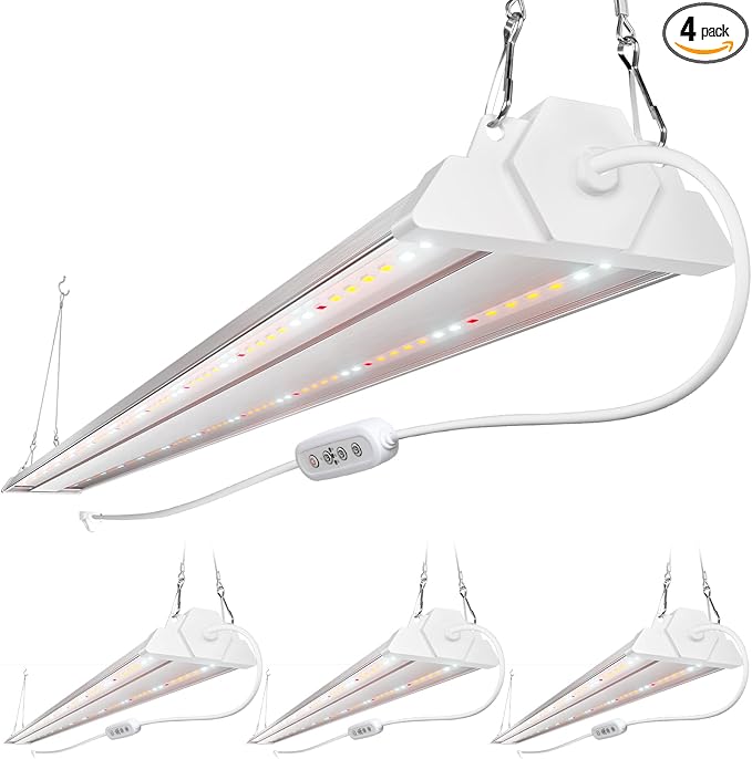 FREELICHT 4 Pack 4ft LED Grow Light with Timer, 60W (350W Equivalent), Sunlike Full Spectrum Integrated Plant Light for Hydroponic Indoor Plant Seedling Veg and Flower, Plug in with 3 Timing Modes